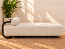 Load image into Gallery viewer, Image 3 of 5: Lyca chaise lounge in beige linen-textured fabric with charcoal wood frame and natural synthetic cane back
