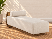 Load image into Gallery viewer, Lyca upholstered beige fabric chaise lounge with walnut-finish wood frame, natural synthetic cane, and curved Art Deco design
