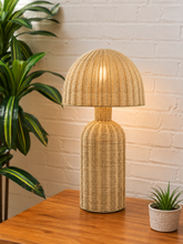 Load image into Gallery viewer, Lydia oak rattan table lamp with handwoven dome shade and tall rounded woven base
