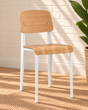 Load image into Gallery viewer, Lyla side dining chair with natural wood curved plywood seat and backrest and white tubular steel frame
