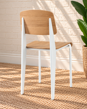 Load image into Gallery viewer, Lyla side dining chair with natural wood curved plywood seat and backrest and white tubular steel frame
