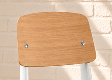 Load image into Gallery viewer, Lyla side dining chair with natural wood curved plywood seat and backrest and white tubular steel frame
