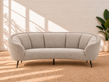 Load image into Gallery viewer, Image 1 of 4: Madison upholstered sofa in Mushroom Beige chenille with curved kidney-inspired silhouette, channel detailing, and black metal legs
