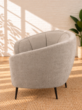 Load image into Gallery viewer, Image 4 of 4: Madison upholstered sofa in Mushroom Beige chenille with curved kidney-inspired silhouette, channel detailing, and black metal legs
