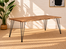 Load image into Gallery viewer, Image 1 of 4: Maiden 71-inch Acacia dining table with natural live edge top and black metal hairpin legs
