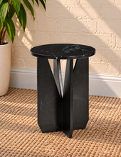 Load image into Gallery viewer, Maison marble side table in Noir Veil with round black marble top and sculptural geometric base
