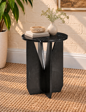 Load image into Gallery viewer, Maison marble side table in Noir Veil with round black marble top and sculptural geometric base
