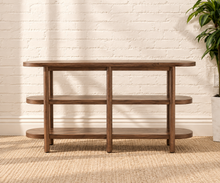 Load image into Gallery viewer, Malie dark walnut open shelf console with rounded ends, two open lower shelves and slender vertical wood supports.
