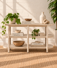 Load image into Gallery viewer, Malie natural wood open shelf console with rounded ends, two open lower shelves and slender vertical wood supports.
