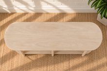 Load image into Gallery viewer, Malie natural wood open shelf console with rounded ends, two open lower shelves and slender vertical wood supports.
