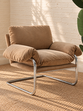 Load image into Gallery viewer, Mara camel velvet lounge chair with oversized padded cushions and polished chrome cantilever frame
