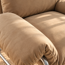 Load image into Gallery viewer, Mara camel velvet lounge chair with oversized padded cushions and polished chrome cantilever frame
