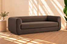 Load image into Gallery viewer, Marbella espresso performance velvet sofa with rounded tuxedo arms and deep bench seat

