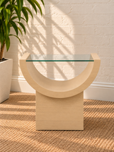 Load image into Gallery viewer, Marcel Blonde Oak side table with curved oak veneer base and tempered glass top.
