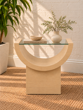 Load image into Gallery viewer, Marcel Blonde Oak side table with curved oak veneer base and tempered glass top.
