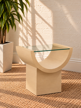 Load image into Gallery viewer, Marcel Blonde Oak side table with curved oak veneer base and tempered glass top.

