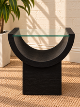 Load image into Gallery viewer, Marcel charcoal side table with curved black oak veneer base and tempered glass top.
