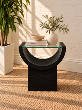 Load image into Gallery viewer, Marcel charcoal side table with curved black oak veneer base and tempered glass top.
