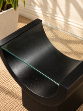Load image into Gallery viewer, Marcel charcoal side table with curved black oak veneer base and tempered glass top.
