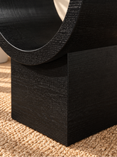 Load image into Gallery viewer, Marcel charcoal side table with curved black oak veneer base and tempered glass top.
