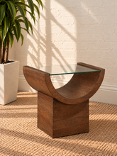 Load image into Gallery viewer, Marcel Natural Brown side table with curved oak veneer base and tempered glass top.
