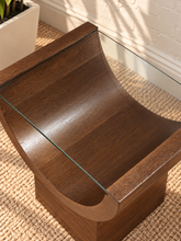 Load image into Gallery viewer, Marcel Natural Brown side table with curved oak veneer base and tempered glass top.
