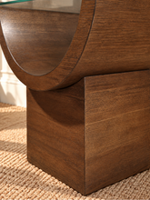 Load image into Gallery viewer, Marcel Natural Brown side table with curved oak veneer base and tempered glass top.
