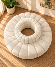 Load image into Gallery viewer, Marcy 8-piece round sectional sofa in Creamy White velvet with deep radial channel tufting and a 27-inch-diameter central circle.
