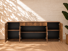 Load image into Gallery viewer, Maren Italian four-door credenza with gloss-finished rovere wood grain, center drawer, and chrome and black C-shaped hardware.
