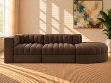 Load image into Gallery viewer, Maricon 3-piece modular sectional sofa in Espresso velvet with deep channel tufting, curved chaise, rounded profile, and contemporary design.
