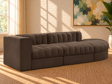 Load image into Gallery viewer, Maricon 3-piece modular sectional sofa in Espresso velvet with deep channel tufting, curved chaise, rounded profile, and contemporary design.
