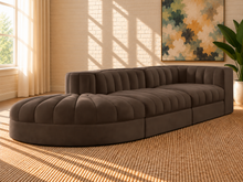 Load image into Gallery viewer, Maricon 3-piece modular sectional sofa in Espresso velvet with deep channel tufting, curved chaise, rounded profile, and contemporary design.
