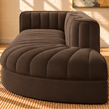 Load image into Gallery viewer, Maricon 3-piece modular sectional sofa in Espresso velvet with deep channel tufting, curved chaise, rounded profile, and contemporary design.
