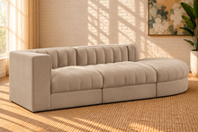 Load image into Gallery viewer, Maricon 3-piece modular sectional sofa in Ivory Beige velvet with deep channel tufting, curved chaise, rounded profile, and contemporary design.
