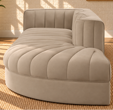 Load image into Gallery viewer, Maricon 3-piece modular sectional sofa in Ivory Beige velvet with deep channel tufting, curved chaise, rounded profile, and contemporary design.
