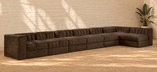 Load image into Gallery viewer, Maricon 7-piece modular sectional sofa in Cocoa Brown velvet with deep channel tufting, rounded cushions, and contemporary L-shaped configuration.
