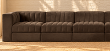 Load image into Gallery viewer, Maricon 7-piece modular sectional sofa in Cocoa Brown velvet with deep channel tufting, rounded cushions, and contemporary L-shaped configuration.
