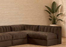 Load image into Gallery viewer, Maricon 7-piece modular sectional sofa in Cocoa Brown velvet with deep channel tufting, rounded cushions, and contemporary L-shaped configuration.
