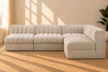 Load image into Gallery viewer, Maricon 4-piece modular sectional sofa in Ivory Beige velvet with deep channel tufting, rounded cushions, and contemporary L-shaped design.
