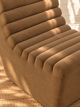 Load image into Gallery viewer, Marlowe armless lounge chair in mocha latte fleece with deep seat and sculptural rolled channel tufting
