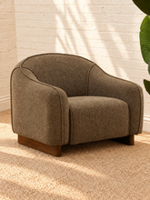 Load image into Gallery viewer, Mateo accent chair upholstered in olive taupe chunky woven chenille with curved arms, rounded back, cushioned seat, and rubber wood base.
