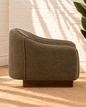 Load image into Gallery viewer, Mateo accent chair upholstered in olive taupe chunky woven chenille with curved arms, rounded back, cushioned seat, and rubber wood base.

