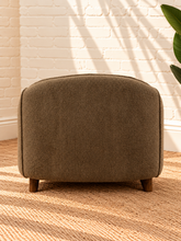 Load image into Gallery viewer, Mateo accent chair upholstered in olive taupe chunky woven chenille with curved arms, rounded back, cushioned seat, and rubber wood base.
