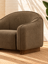 Load image into Gallery viewer, Mateo accent chair upholstered in olive taupe chunky woven chenille with curved arms, rounded back, cushioned seat, and rubber wood base.
