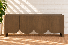 Load image into Gallery viewer, Mayer 4-Door Scalloped Buffet Credenza in Natural Walnut with curved door detailing and interior shelving
