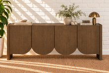 Load image into Gallery viewer, Mayer 4-Door Scalloped Buffet Credenza in Natural Walnut with curved door detailing and interior shelving
