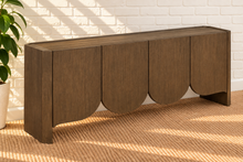 Load image into Gallery viewer, Mayer 4-Door Scalloped Buffet Credenza in Natural Walnut with curved door detailing and interior shelving
