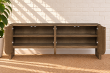 Load image into Gallery viewer, Mayer 4-Door Scalloped Buffet Credenza in Natural Walnut with curved door detailing and interior shelving

