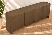 Load image into Gallery viewer, Mayer 4-Door Scalloped Buffet Credenza in Natural Walnut with curved door detailing and interior shelving
