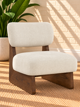 Load image into Gallery viewer, Image 1 of 5: Medina Walnut Lounge Chair in Cloud Linen with cream linen-textured upholstery and Brown Walnut wood frame
